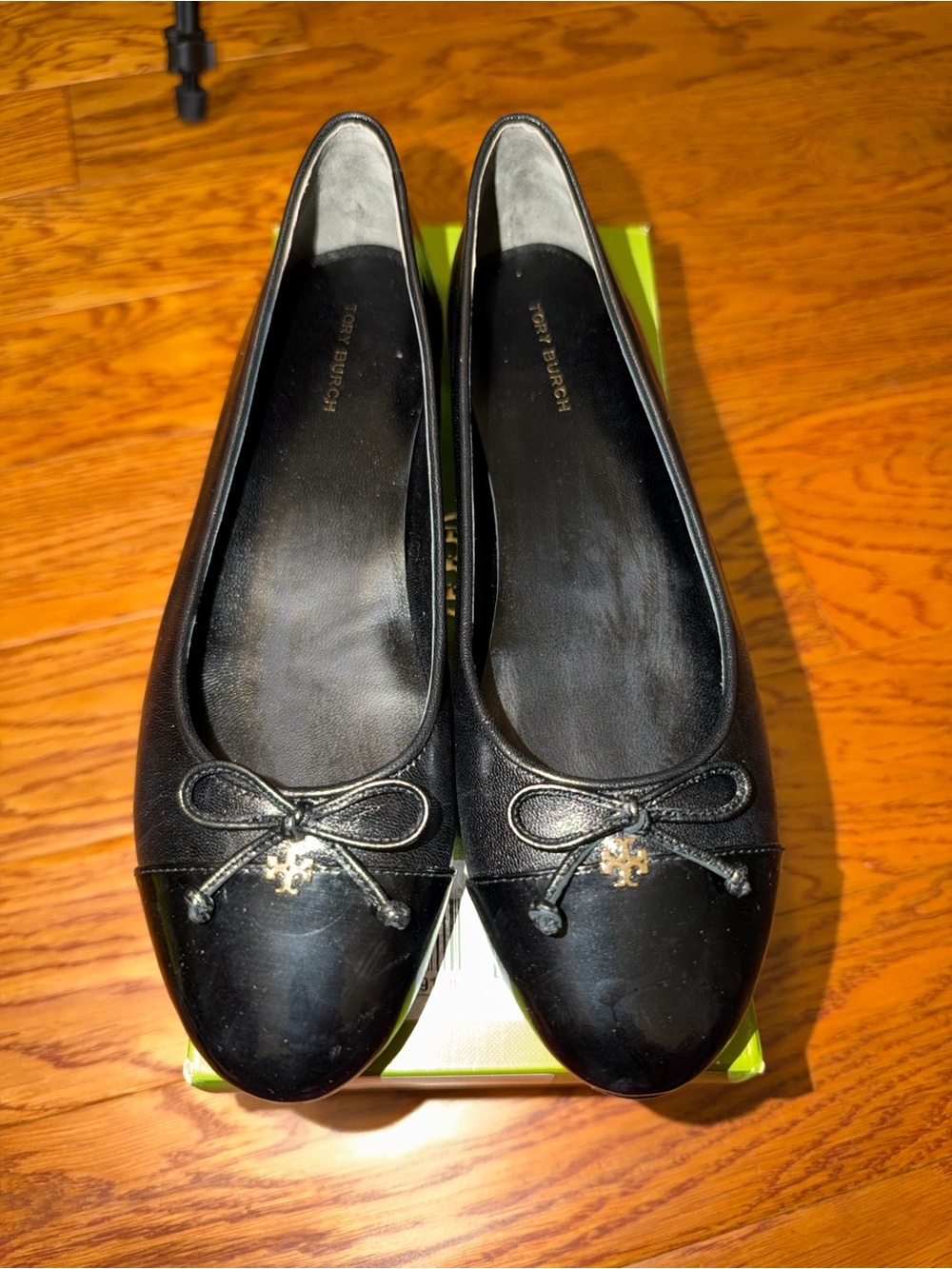 Tory Burch Black Leather Bow Ballet Flats with Gold Logo